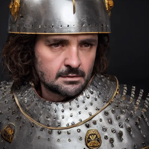 Image similar to richard iv the roman king photo, real human, soft studio lighting, 6 0 mm lens in full armor, cashmere hairs