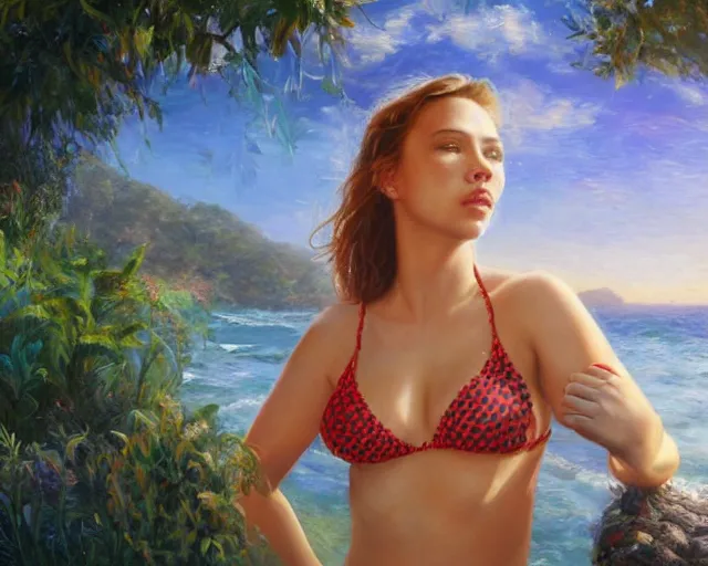 Image similar to portrait of scarlett johannson wearing a bikini at a park, an oil painting by ross tran and thomas kincade