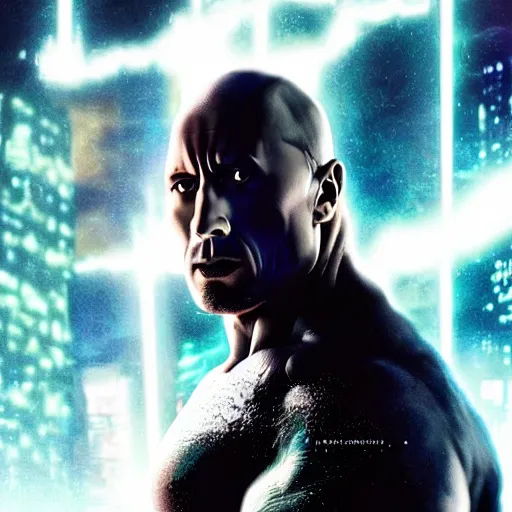 Prompt: baby dwayne johnson profile picture futuristic neon vibrant laser eyes cyberpunk, dark knight