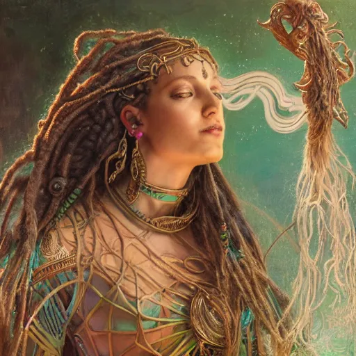 Prompt: intricate detail, hyper detail, lady of elche techno mystic princess intergalactica, inanna, ashteroth, with aqua neon rapunzel dreadlocks, mami wata, detailed, by gaston bussiere, bayard wu, greg rutkowski, h. r. giger, greg rutkowski, sandro botticelli, masterpiece, sharp focus,