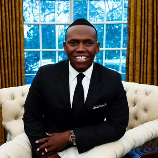 Image similar to professional portrait of dababy in the oval office, wearing a black suit,