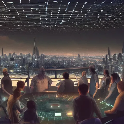 Image similar to large group people in a huge warehouse, looking at hologram of futuristic city on a table | cinematic concept art | godrays | 4 k | clear details | tabletop | tabletop | hologram foreground