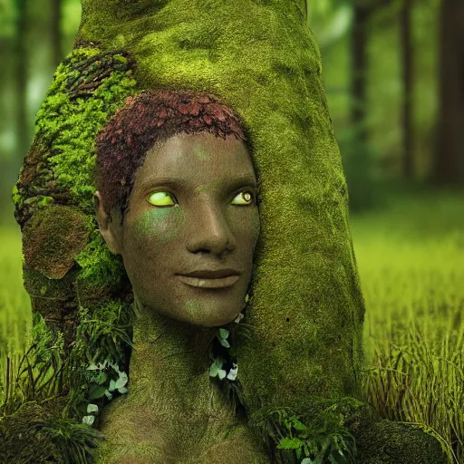 Prompt: a humanoid made of tree bark, moss, flowers, small foliage, realistic octane render, high detail