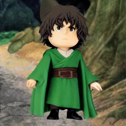 Image similar to peregrin took from the anime lord of the rings (1986), dark hair, green cape, hobbit, studio ghibli, very detailed, realistic