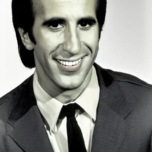 Prompt: screenshot fonz portrait from 70s comedy unhappy TV show unhappy days