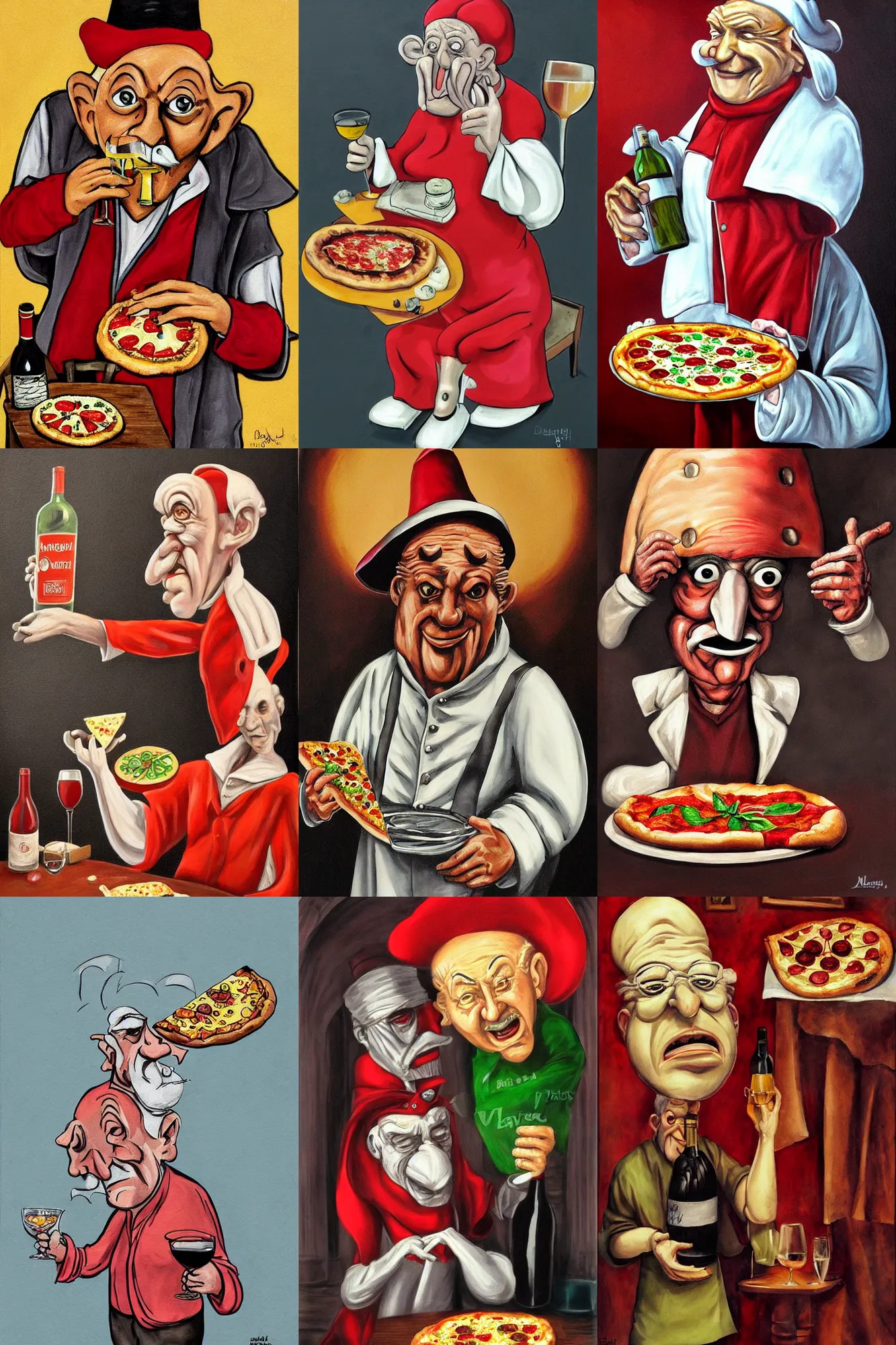 Prompt: wrinkled! old man wearing pulcinella mask, with a pizza! margherita di napoli, with a bottle of wine, drunk appearance, lowbrow, artistic, dramatic backlight, full body, wide angle, ultrafine detailed caricarture painting by david levine, trending on deviantart, masterpiece