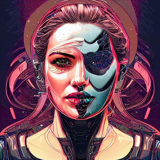 Prompt: a portrait of a female android, by Dan Mumford and Sandra Chevrier, 8k