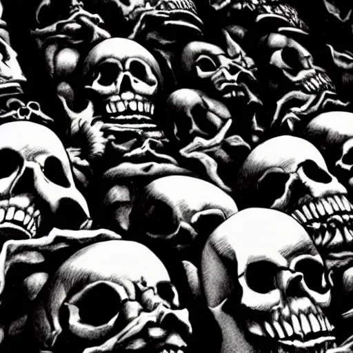 Image similar to Skulls lying on a shelf. Close Up Shot, Dark Fantasy, Film Noir, Black and White. High Contrast, Mike Mignola, D&D, OSR, Glowing