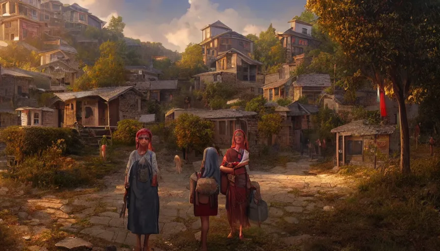 Image similar to very very small turkish village, by ilya kuvshinov, rtx rendering, octane render 1 2 8 k, maya, extreme high intricate details by tom bagshaw, medium shot, close up shot, composition by sana takeda, lighting by greg rutkowski