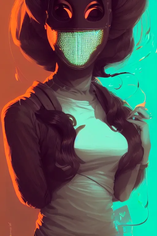 Image similar to techno music - wave highly detailed portrait female in edm club, with kitsune mask, long red hair, by atey ghailan, by greg rutkowski, by greg tocchini, by james gilleard, by joe fenton, by kaethe butcher, dynamic lighting, gradient light blue, brown, blonde cream and white color scheme, grunge aesthetic