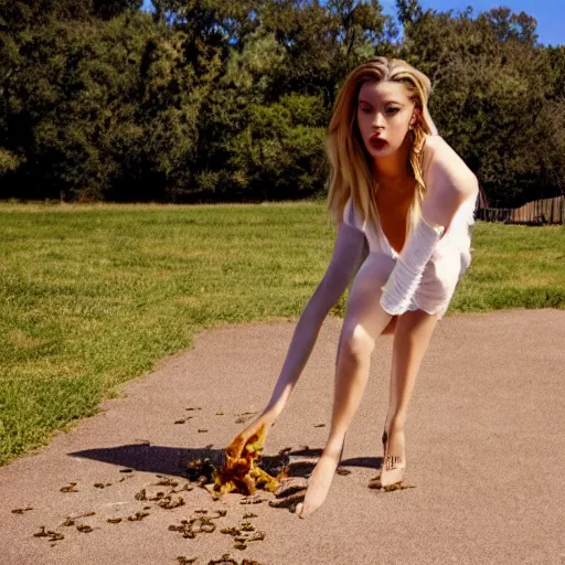 Image similar to ' amber heard'stepping on a bee, cinematic scene, clean composition, 8 mm