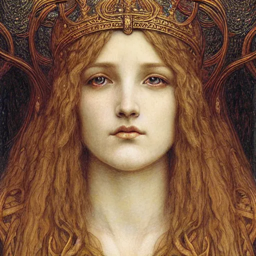 Image similar to detailed realistic beautiful young medieval queen face portrait by jean delville, gustave dore and marco mazzoni, art nouveau, symbolist, visionary, gothic, pre - raphaelite