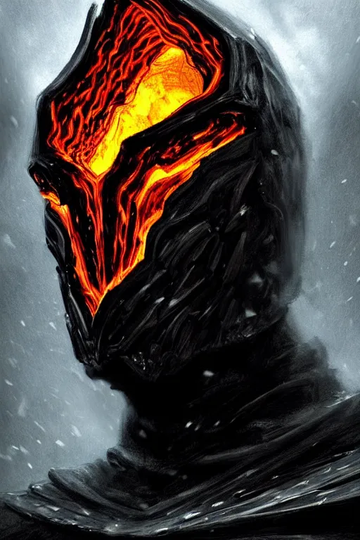 Image similar to hyper-realistic portrait of the King of the mountains, medieval dark knight in black armour, dark environent, magma and lava, throne of lava, dark mountain environment, horrifying, D&D, fantasy, intricate, cinematic lighting, highly detailed, digital painting, artstation, concept art, smooth, photorealistic, cinematic wallpaper, art by Artgerm and Greg Rutkowski and Alphonse Mucha