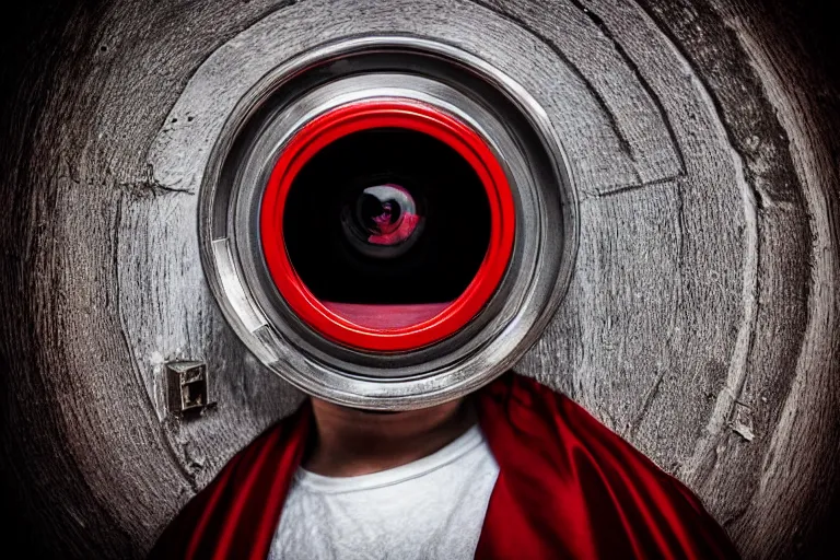 Image similar to a man in a metal mask with red cloak in full armor staring at you through a door peephole. fisheye lense