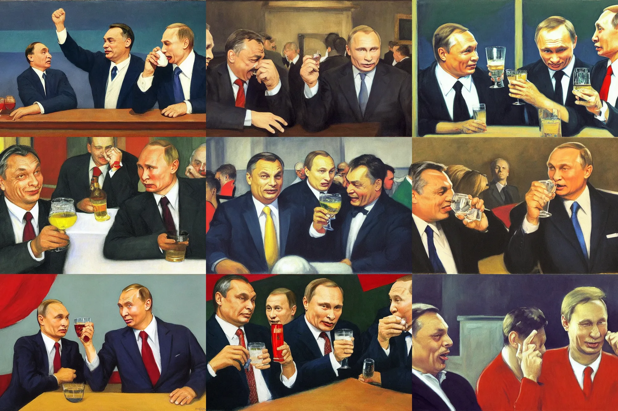 Prompt: viktor orban and putin drinking and cheering, by edward hopper, detailed face