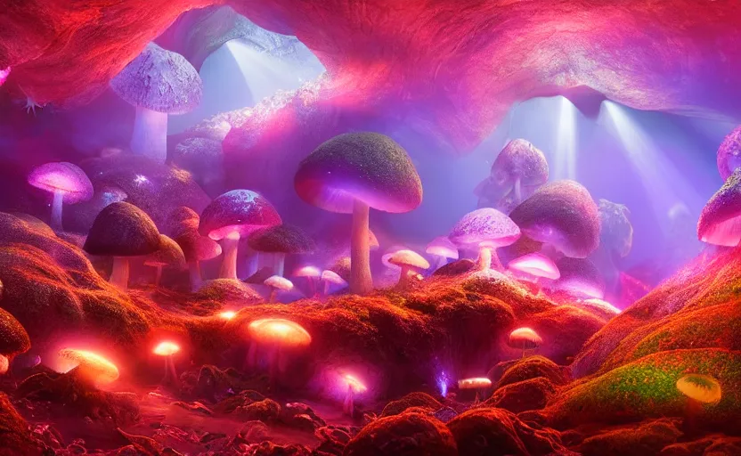 Prompt: a beautiful and stunning professional digital artwork of a glowing mushroom cave, haze, spores floating in the air, ruby geodes, waterfall, volumetric lighting, hyperrealistic, rtx on, ultra detail
