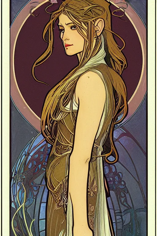 Image similar to A female Sindarin elf in the style of Alphonse Mucha