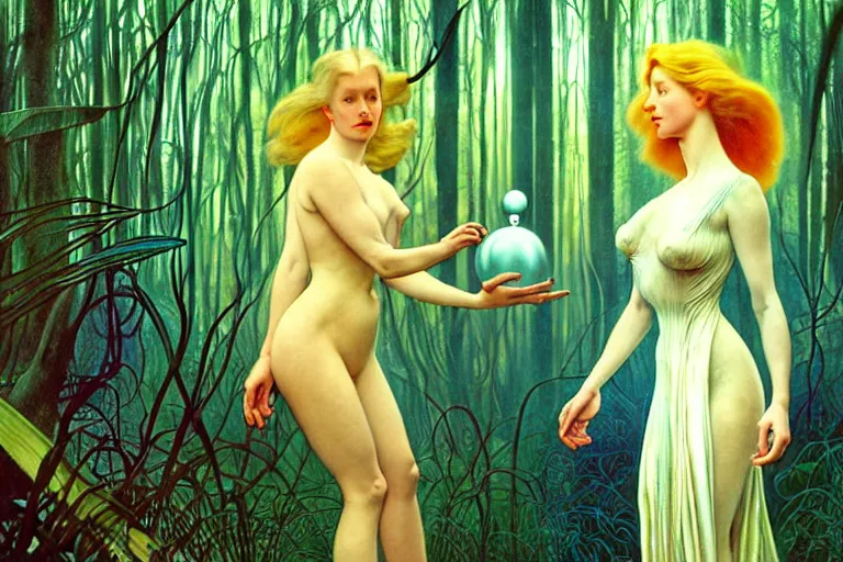 Image similar to realistic detailed photorealistic film portrait shot of a beautiful blond woman with an alien in a futuristic forest by Denis Villeneuve, Amano, Yves Tanguy, Alphonse Mucha, Ernst Haeckel, Andrei Tarkovsky, Edward Robert Hughes, Roger Dean, rich moody colours, wide angle, blue eyes