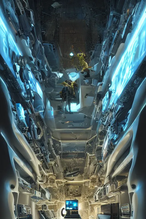 Image similar to Digital conceptl art, very highly detailed Haker that haking siting inside the giant very highly detailed computer, by Hiromasa Ogura, very highly Detailed digital concept art by Greg Rutkowski Bourdin, Dimensional Cyan Gold LED light, rendered in Octane Render, The Golden Ratio from the distance