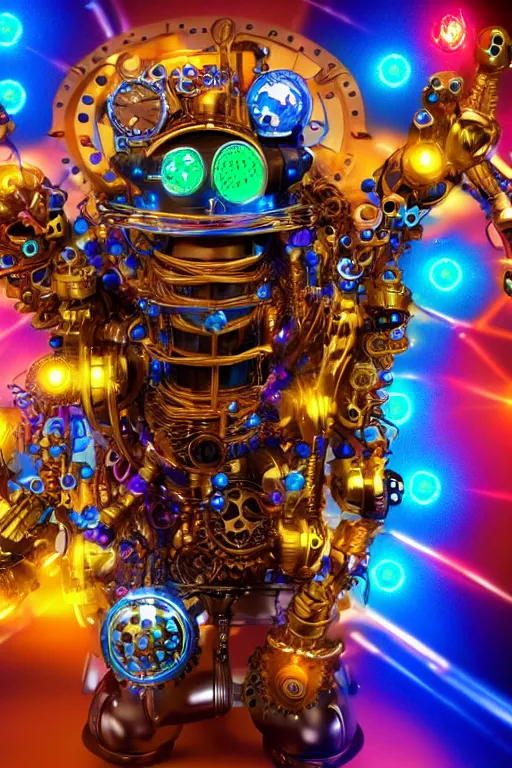 Prompt: photo of a smiling golden and blue metal steampunk robothead covered with multicolored tubes and gears, eyes are glowing red lightbulbs, arms are music instruments, shiny crisp finish, 3 d render, 8 k, insaneley detailed, fluorescent colors, background is holographic patterns