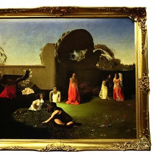 Prompt: isle of the dead painting Bocklin evening dress fantastical colors ethereal lighting butterflies