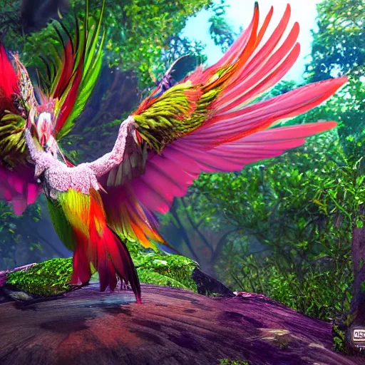 Image similar to fantasy forest, most colourful bird in philippine folklore, the magnificent, extremely beautiful ibong adarna with wings spread flying, long grand feathers, ultra - realistic, intricate details, 8 k, ultra - detailed, unreal engine five render