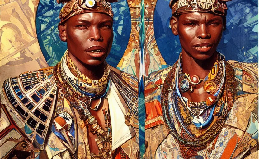 Image similar to a retro futuristic african tribal chief, art by joseph christian leyendecker, design blocking by drew struzan and alphonso mucha, highly detailed, digital painting, concept art, smooth sharp focus, intricate, symmetry,