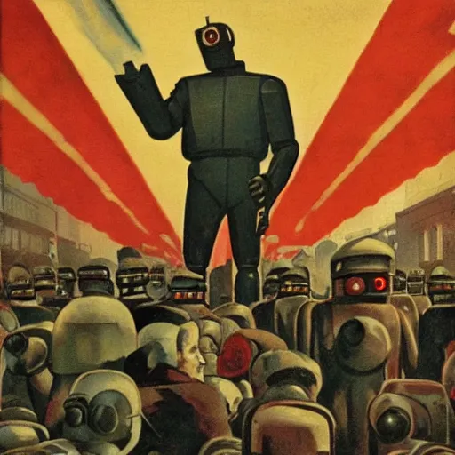 Prompt: robot revolutionary speaking to a crowd of robots amid the backdrop of a (((cyberpunk city))) in the socialist realist style of lenin speaking to the red army by isaac brodsky