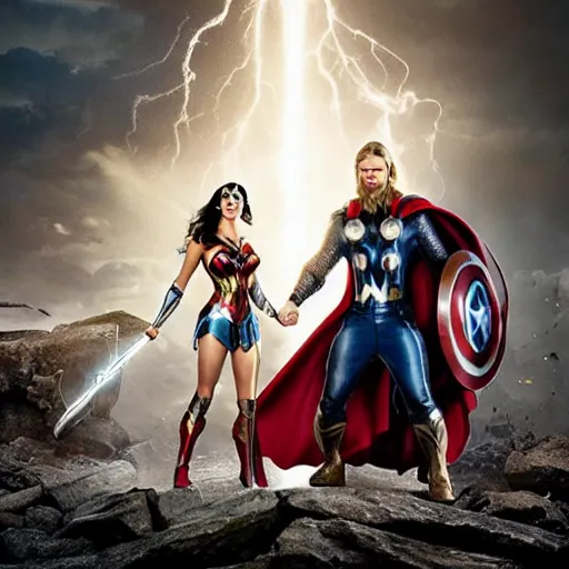 Prompt: thor and wonder woman love scene new marvel movie, cinematic still, romantic lighting