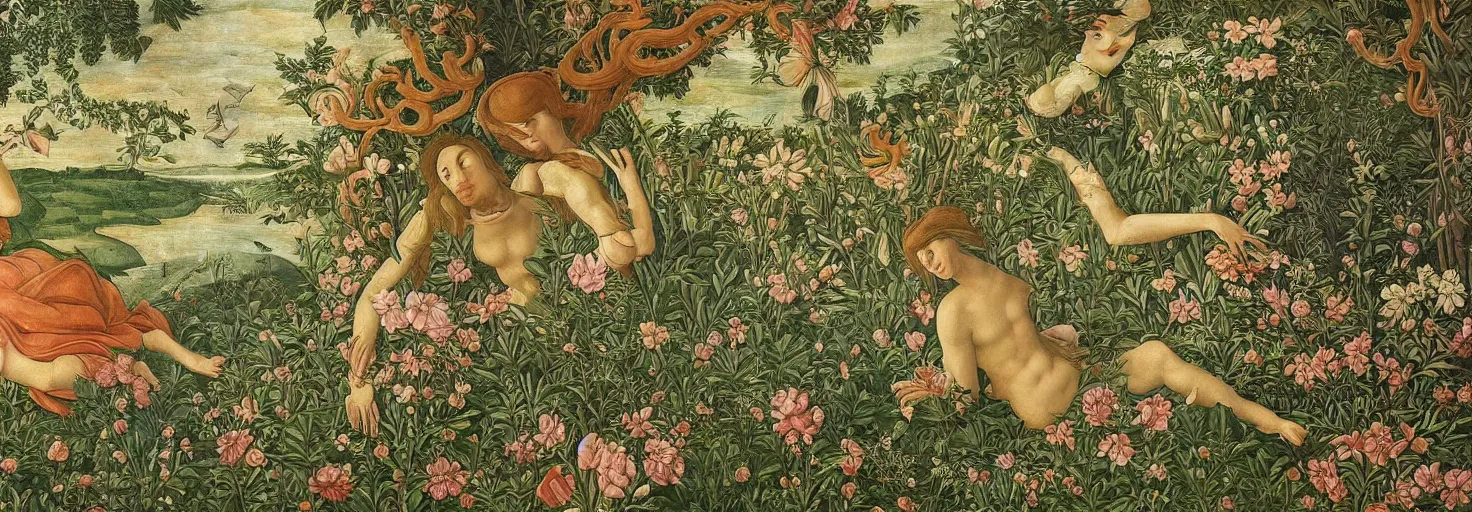 Prompt: beautiful patterned mural depicting a lush floral oasis in a beautiful alien planet, intricate painting, highly detailed, masterful, fantasy world, in the style of sandro botticelli, caravaggio, albrecth durer