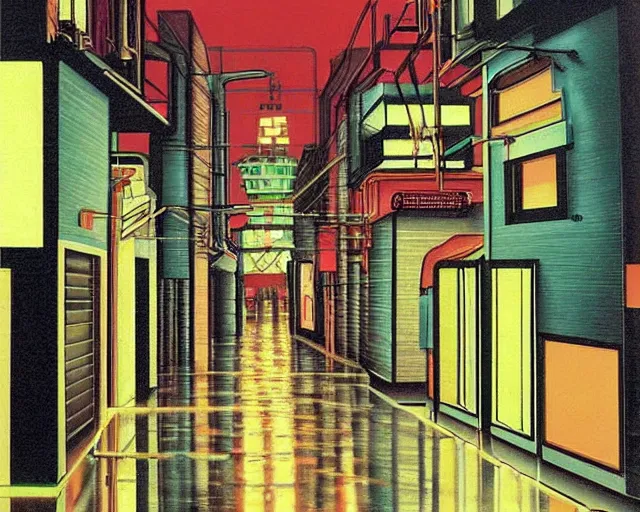 Prompt: cozy soft neon street with in a cyberpunk city on a rainy melancholy tokyo night in 1 9 9 6 by de chirico