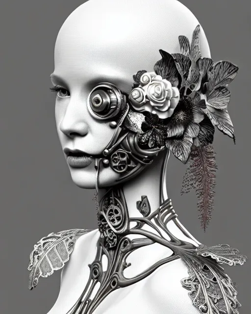 Image similar to monochrome 3 d model, 1 8 7 0 picture, silver mesh floral steampunk biomechanical beautiful young female cyborg with porcelain profile face and a techno eye, volumetric light, leaves foliage and stems, hibiscus flowers, sinuous fine roots, fine foliage lace, alexander mcqueen, rim light, big gothic fashion pearl embroidered collar, octane render, 8 k