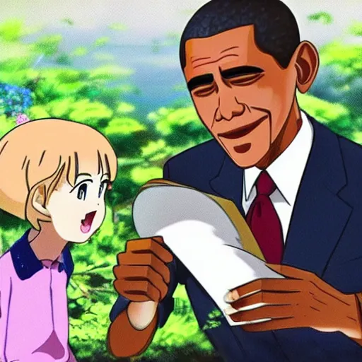 Prompt: Animation of Barack Obama in the movie Garden of Words, Koto no ha no niwa, Matoko Shinkai, beautiful, anime, colorful, animation, Japanese