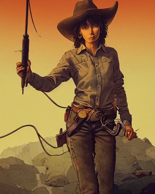 Image similar to a cowgirl, midshot single subject, art poster, ambient lighting, detailed, by ayami kojima, makoto shinkai, kilian eng