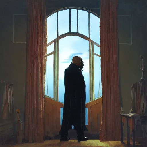 Prompt: avuncular timelord dr. uncle ruckus telepathic space entity wearing a smoking jacket and fez stands at the doorway of his palatial mansion caspar david friedrich jamie wyeth greg rutkowski acrylic painting