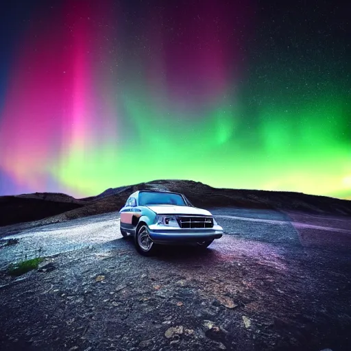 Prompt: car on a mountain. background is epic sky at night with northern lights. photorealistic. iridescent.