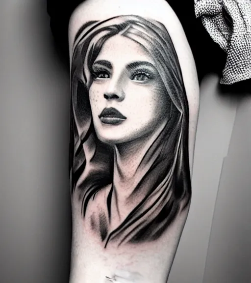 Prompt: tattoo design sketch of a beautiful girl portrait faded in a mountain background, in the style of den yakovlev, black and white, realism tattoo, hyper realistic, highly detailed