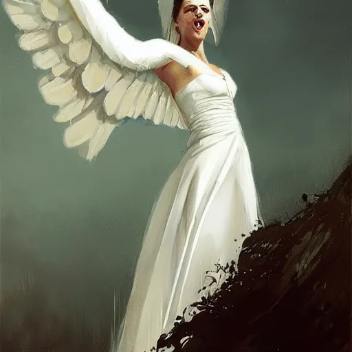 Image similar to Painting by Greg Rutkowski, an opera singer in a white dress with wings on stage