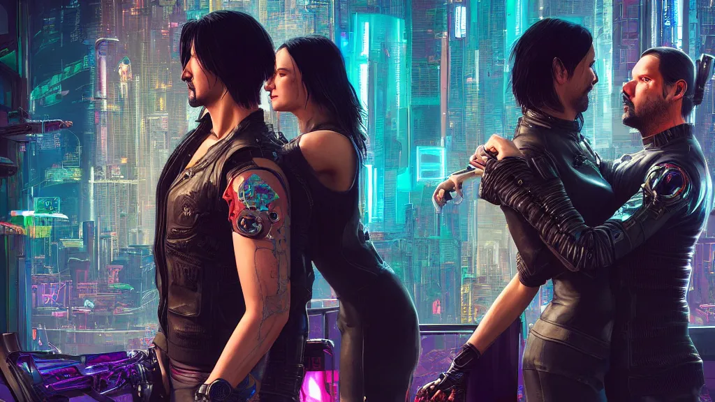 Image similar to a cyberpunk 2077 srcreenshot couple portrait of Keanu Reeves and V as a female android final kisse in night city,love,film lighting,by Lawrence Alma-Tadema,Andrei Riabovitchev,Laurie Greasley,Dan Mumford,John Wick,Speed,Replicas,artstation,deviantart,FAN ART,full of color,intricate,smooth,Digital painting,illustration,face enhance,highly detailed,8K,octane,golden ratio,cinematic lighting