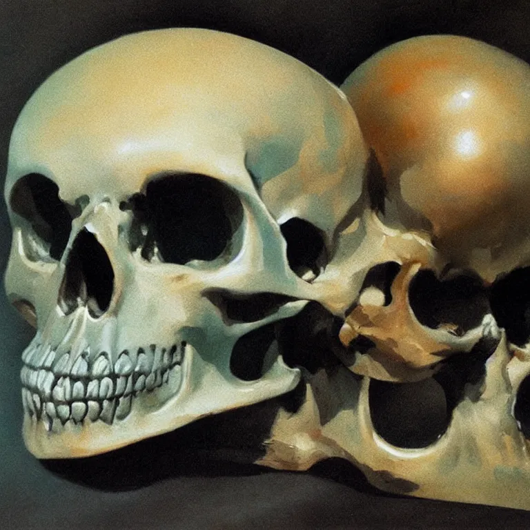 Image similar to closeup of metal skull submerged in milk painted by Edward Hopper, painted by Wayne Barlow, airbrush