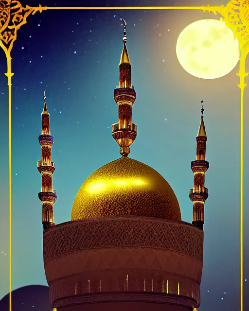 Prompt: beautiful mosque under a giant full moon, glowing arabic symbols, epic gold spires and towers, cinematic, dramatic lighting, extreme detail, artstation, sharp focus, masterpiece,