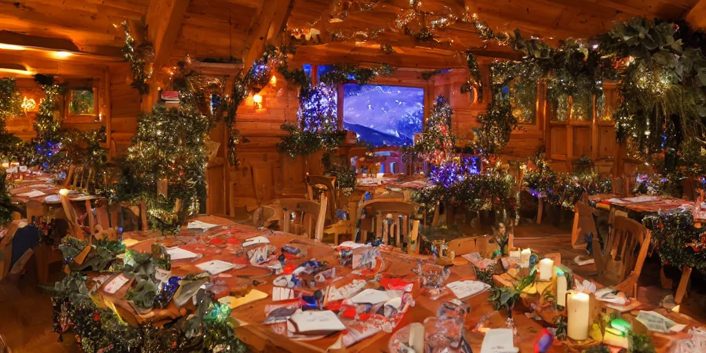 Image similar to Playrix Fishdom event room, chalet lit by garlands in the mountains on a winter night