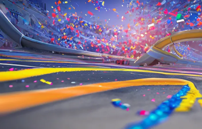 Prompt: cinematic low angle wide angle shot worms eye view of a realistic futuristic vehicle racetrack finish line with confetti on a sunny day with a clear blue cloudy sky angled up, cyberpunk, digital painting, illustration, good value control, crowded stands, rule of thirds, golden ratio, horizon line focus, sharp focus, fourze, realistic textures, f zero, speed racer movie