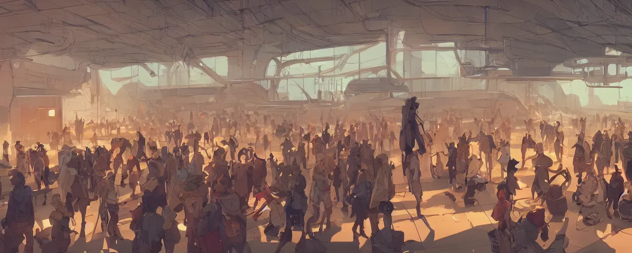 Image similar to inside a crowded dystopian airport behance hd artstation by jesper ejsing, by rhads, makoto shinkai and lois van baarle, ilya kuvshinov, ossdraws, that looks like it is from borderlands and by feng zhu and loish and laurie greasley, victo ngai, andreas rocha