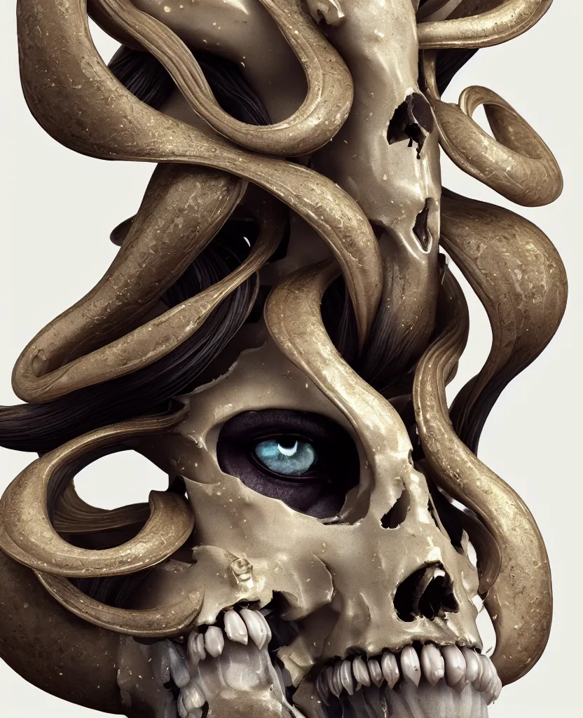 Image similar to goddess princess face close-up portrait ram skull. sculpture made of polished gold and matte obsidian. jellyfish phoenix head, nautilus, orchid, skull, betta fish, bioluminiscent creatures, intricate artwork by Tooth Wu and wlop and beeple. octane render, trending on artstation, greg rutkowski very coherent symmetrical artwork. cinematic, hyper realism, high detail, octane render, 8k