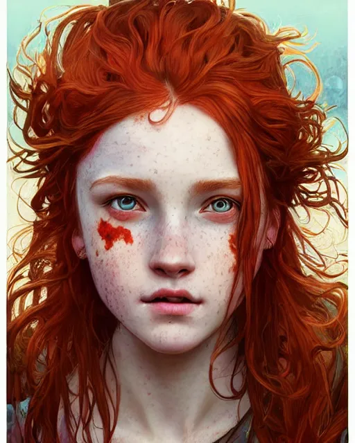 Image similar to portrait of 1 4 - year - old girl with flaming red hair, a lot of freckles, and bright brown eyes, wearing shirt, hyper realistic face, beautiful eyes, fantasy art, in the style of greg rutkowski, intricate, alphonse mucha, hyper detailed, smooth