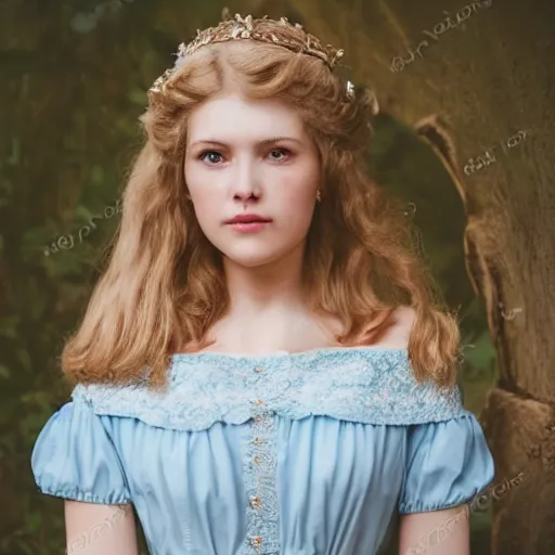 Image similar to portrait of a young lady in a light blue dress 1 9 0 0 s entire face shown in great detail, looking at the camera, full body in camera, blonde hair, garden, photorealistic, extreme detail, sharp focus, 8 k, intricate, hyper detailed, realistic, cinematic lighting