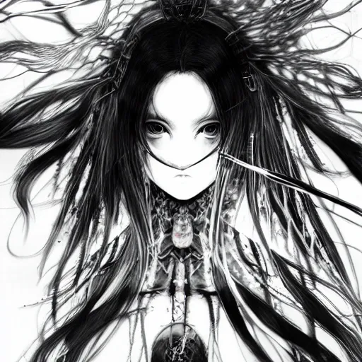 Image similar to Yoshitaka Amano blurred and dreamy illustration of an anime girl with wavy white hair and cracks on her face wearing Elden ring armour with the cape fluttering in the wind, abstract black and white patterns on the background, noisy film grain effect, highly detailed, Renaissance oil painting, weird portrait angle