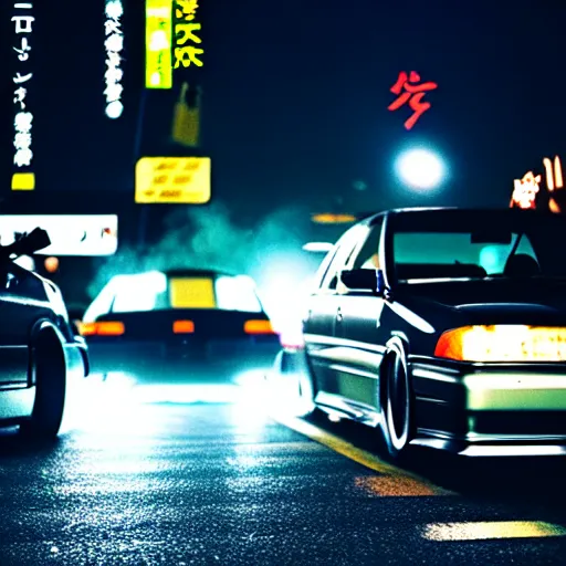 Image similar to a car JZX100 at illegal car meet, Shibuya prefecture, city midnight mist, cinematic color, photorealistic, highly detailed, 200MM