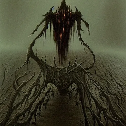 Image similar to shadowknight archfiend beksinski, eldritch, apocalypse, creepy creature, horror spooky